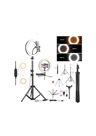 Ring Light Youtuber Tiktok Çekim Telefon Tutucu Makyaj Işığı 10 Inç +2.1 Mt Tripod+ Masa Ayaklı