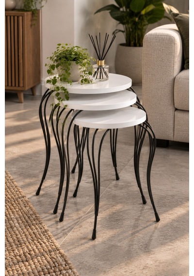 Sulorahome Lükens Metal Ayaklı Beyaz 3'lü Zigon Sehpa Takımı
