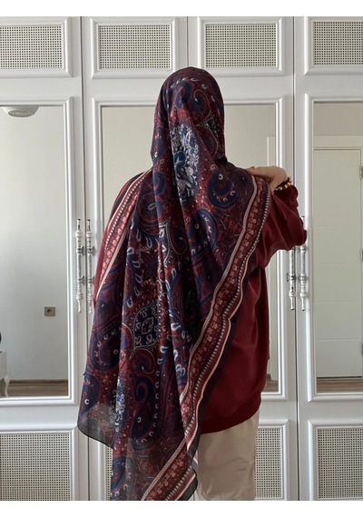 Modakaşmir Aminenesil Etnik Desen Soft Pamuk Şal Lacivert Kırmızı Renk K.lacivert