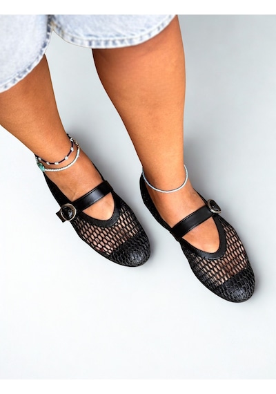 Ne&ve Shoes Siyah File Simli Tokalı Yuvarlak Burunlu Kadın Günlük Rahat Ve Şık Babet
