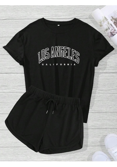 Harmandar Kadın Los Angeles Baskılı T-shirt Şort Takım Siyah-siyah