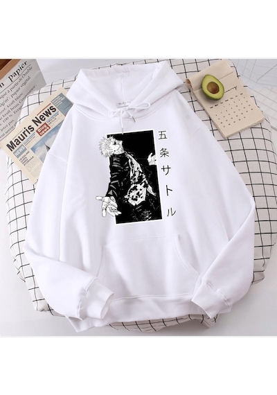 Jujutsu Kaisen Crayz Gojo Beyaz Kapşonlu Sweatshirt Beyaz