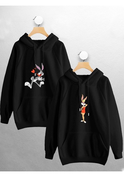 Macklin Sevgili Çift Kombini Bugs Bunny Lola Baskılı Tasarım Kapüşonlu Sweatshirt 2'li Set Takım Siyah1 Mck0709 Siyah