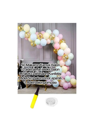 Makaron Ve Altın Konfetili Şeffaf Doğum Günü Balon Zincir Seti 63