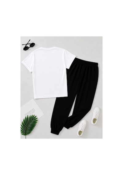 Herkesemoda Minimal Leaf Desenli T-shirt Eşofman Takımı Beyaz