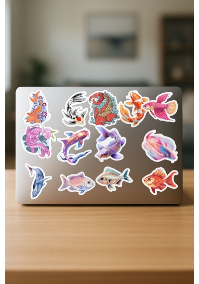 Balıklar Ve Balık Çizimleri Temalı Bullet Journal Yapışkanlı Folyo Sticker Paketi 25 Adet Çok Renkli