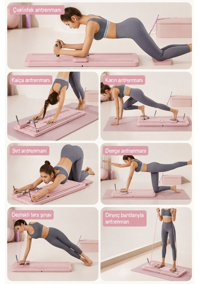 5'ı 1 Arada Pilates Şınavı, Karın Kası Tekerleği, Fitness Tahtası Pembe