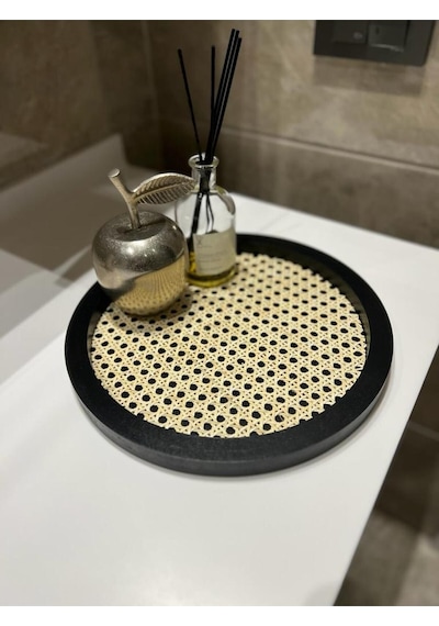 Rattan Hazeran Yuvarlak Tepsi Siyah %100 Doğal Hazeran M021