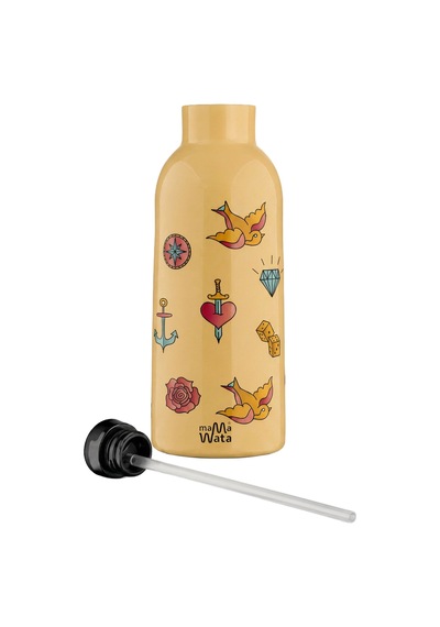 Mamawata Tattoo Pipetli Çocuk Termos Matara 470 Ml Paslanmaz Çelik Sızdırmaz Yalıtımlı Suluk Krem