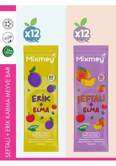 Mixmey Şeftali Erik Karma Meyve Barı 24 Adet | Atıştırmalıklar – Vegan, Glutensiz (20GR X 24 ADET)