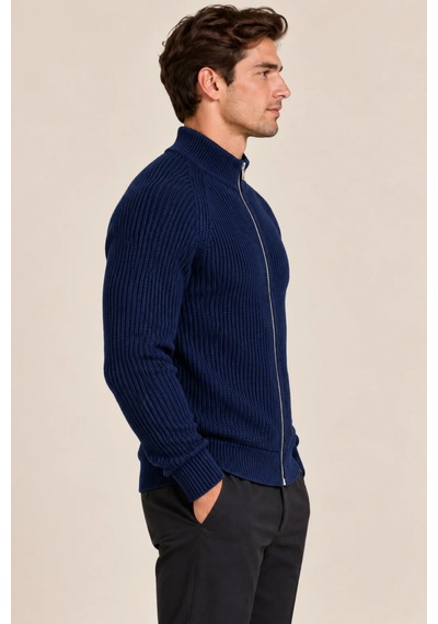Tarz Cool Erkek Dik Yaka Fermuarlı Slim Fit Triko Hırka Lacivert