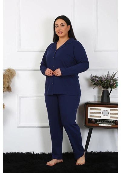 Lenaca Kadın Büyük Beden Pamuklu Cepli Düğmeli Lacivert Pijama Takım Lacivert