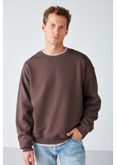Grimelange Stephan  Erkek Yumuşacık Kumaşlı Organik Pamuklu Oversize Fit Yuvarlak Yakalı Kahverengi Sweatshirt