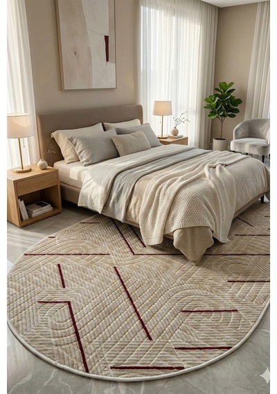 Modern Oval Halı Bambu Dokulu Kaymaz Taban Yumuşak Salon Yatak Odası Halısı Mürdüm 5000