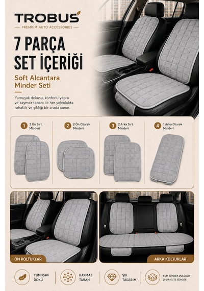 Opel Astra 2000-2004 Üniversal Soft Alkantra Kare Desen 7 Parça Oto Koltuk Minderi Gri