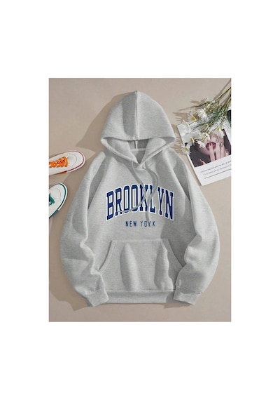 Tarzsokak Brooklyn Baskılı Üç İplik Ünisex Oversize Kapüşonlu Sweatshirt Gri