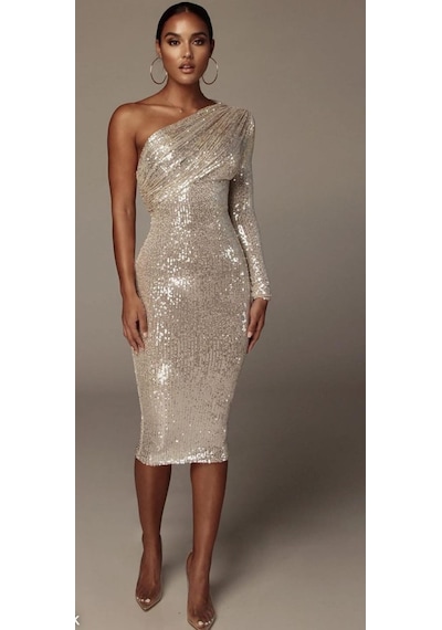 Hanife Glam Couture Hanife Glam Pulpayet Işlemeli Tek Kollu Midi Elbise Gümüş