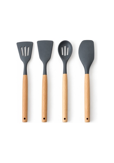 11 Parça Bambu Saplı Isıya Dayanıklı Silikon Mutfak Gereçleri Seti Kepçe Spatula Maşa Çırpıcı Gri
