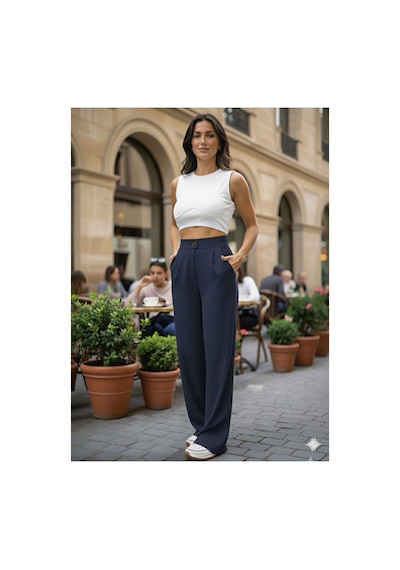 Unika Boutique Milano Premium Yüksek Bel Pileli Plazzo Kumaş Pantolon 2026 Laciverttt