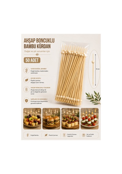 Ahşap Boncuklu Bambu Kürdan 12 Cm 50 Adet - 913954661