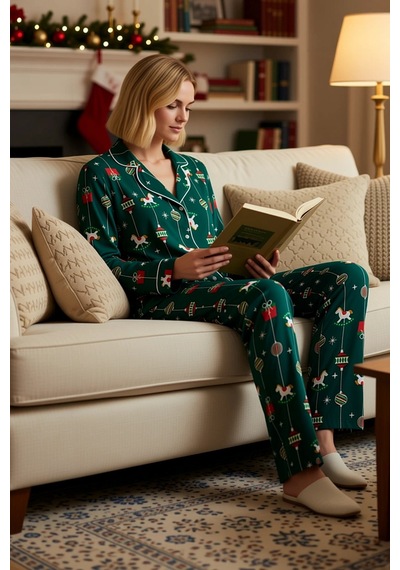 Benerly Kadın Gömlek Yaka Standart Kol Regular Kalıp Pijama Takımı Fonksi Yeşil