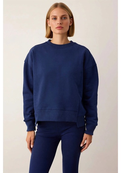 Benerly Kadın Bisiklet Yaka Düşük Kol %100 Pamuk Sweatshirt Fonksiyonel D Lacivert
