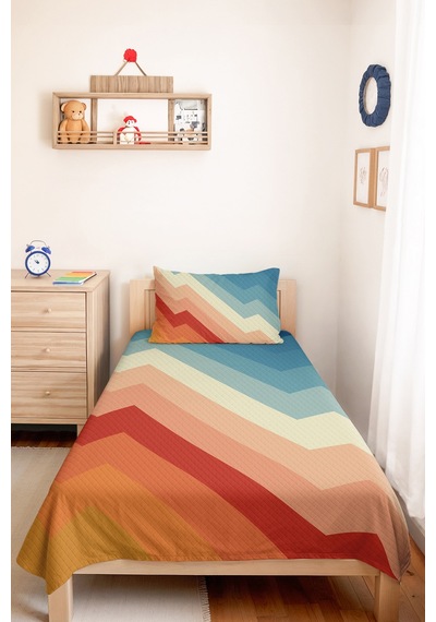 Geometrik Mavi Pastel Genç Odası Tek Kişilik Pike Takımı - Zigzag Turuncu 160x220 Cm Yatak Örtüsü Kabuğu Gölge Tonu