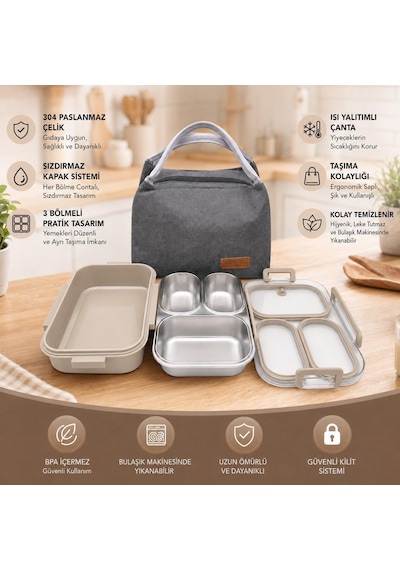 Valkyrie 304 Paslanmaz Çelik 3 Bölmeli Lunch Box Termal Çantalı Sızdırmaz Kapaklı Beslenme Kabı Açık Kahve