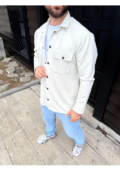 Erkek Diagonal Kumaş Cepli Çıtçıtlı Uzun Kollu, Gömlek Oversize Rahat Kalıp Günlük Şık Stil - Beyaz Beyaz