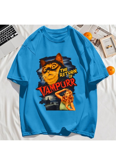 Startmore Y2k Vintage Tişört Tee Büyük Bir Kedi Ve Dişleri Baskıla Mavi
