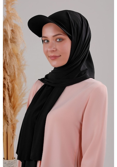 Melodi Scarf Kadın Tesettür Şapkalı Pratik Boneli Hazır Şal Siyah Siyah