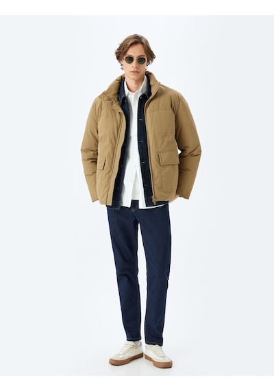 Koton Dik Yaka Fermuarlı Slim Fit Şişme Mevsimlik Ceket Bej 5wam20041hw Ekru