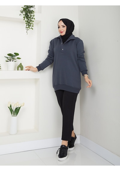 Raika Moda Kapşonlu 3 İplik Büyük Beden Tesettür Sweatshirt Antrasit
