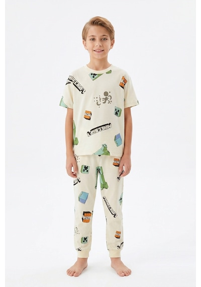 Bunny Hopp Yazlık Kısa Kollu Erkek Çocuk Pijama Takımı Oyun Desenli %100 Pamuk Krem