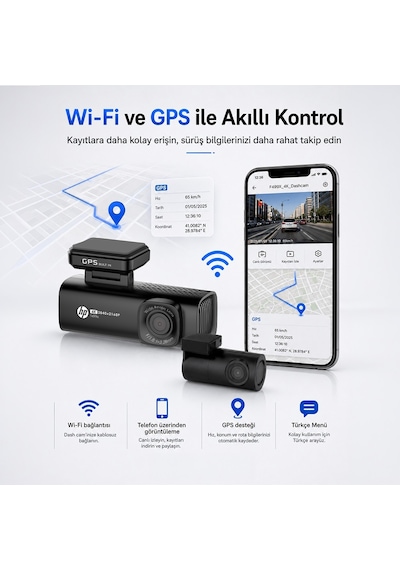 Hp F499x 4k Wdr, Araçiçi Ön + Arka Kamera, 1.5 Inch Renkli Lcd Ekran, Gps Li, Wi-fi Destekli