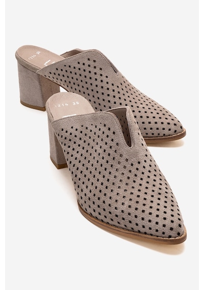 Luvishoes Toen Bej Süet Hakiki Deri Kadın Kalın Topuklu Terlik
