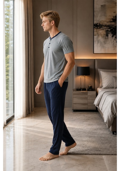 Pijamask Erkek Açık Gri Düğmeli Yaka Pamuklu Uzun Pantolonlu Pijama Takımı Lacivert Alt Rahat Ev Giyim Gri Pijamask Erkek Açık Gri Düğmeli Yaka Pamuklu Uzun Pantolonlu Pijama Takımı Lacivert Alt Rahat Ev Giyim Gri
