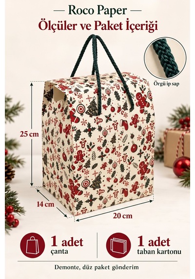 Yılbaşı Temalı İpli Karton Hediye Çantası, 1 Adet-20x14x25 Cm Yeniyıl Çam Ve Kurabiye Desenli Poşet