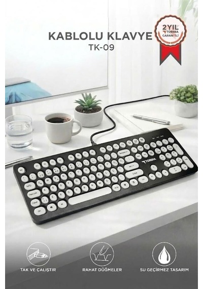 Premium Çalışma Alanı Teknoloji Stil Kablolu Q Klavye Retro Daktilo Tk09 Siyah Beyaz
