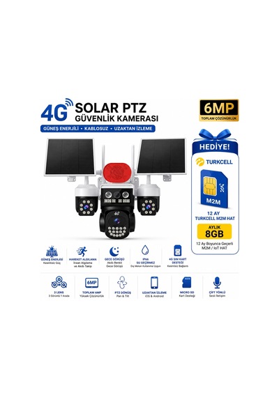 9 Mp Çift Panelli 3 Lensli 4g Sım Kartlı Solar Ptz Güvenlik Kamerası + 12 Ay Turkcell Hat  4g Bs W3