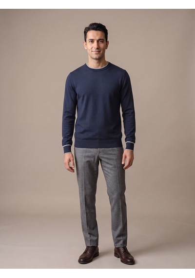 Maccali Erkek Lacivert Kontrast Şeritli Bisiklet Yaka Triko Sweatshirt