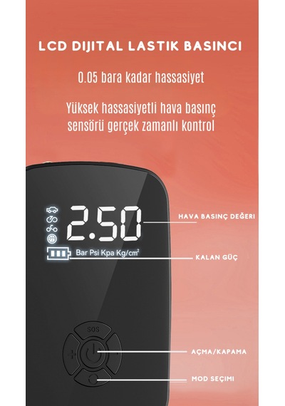 Mini Şarjlı Taşınabilir Araba Lastik Hava Top Şişirme Pompası Led Işıklı Dijital Hava Kompresörü