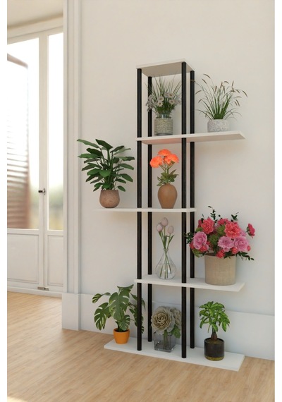 5 Raflı Dekoratif Bitki Standı Sökülebilir Kolay Kurulum Saksı Rafı Salon Balkon Çiçeklik Organizer Beyaz