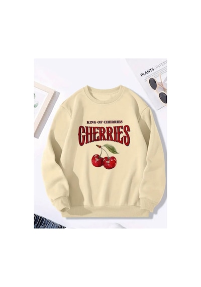 Herkesemoda Cherries Baskı Detaylı Bisiklet Yaka İçi Polarlı Sweatshirt Bej