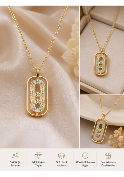 Dikdörtgen Plaka Model Zirkon Taşlı Kolye Gold