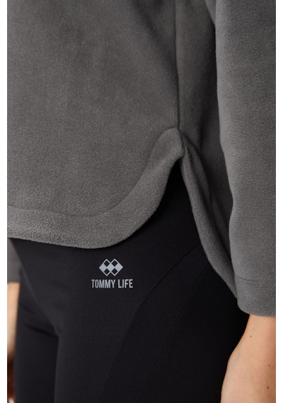 Tommy Life Koyu Gri Kalın Yumuşak Dokulu Kapüşonlu Oversize Nakışlı Polar Kadın Sweatshirt -97286 Koyu Gri