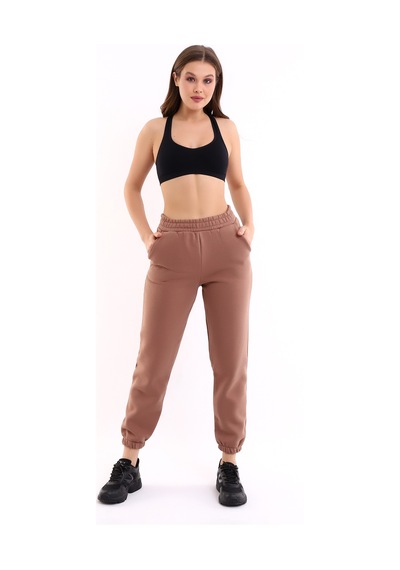 Winmoda34 Kadın Üç İplik İçi Şardonlu Polarlı Eşofman Altı Jogger Rahat Kalıp Bej
