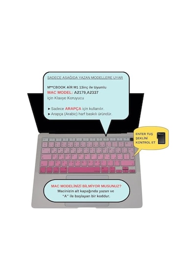 Macbook Air 13 Arapça Klavye Koruyucu A1932 A2179 A2337 M1 Uk Iso Ters L Enter Uyumlu Arabic Keyboard Cover Touch Id Pembe Pembe