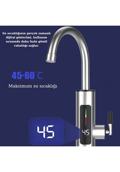 Elektrikli Anında Su Isıtıcı Musluk 3000 W Led Dijital Göstergeli Paslanmaz Çelik Musluk Gri