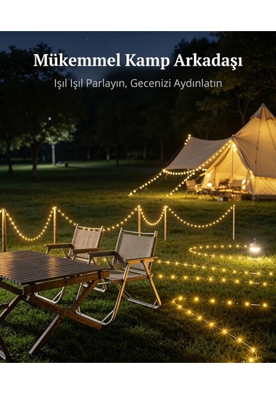 Güneş Enerjili Kamp Feneri 10 Metre Ledli Rgb 4 Işık Modlu Asılabilir Piknik Acil Durum Solar Feneri -